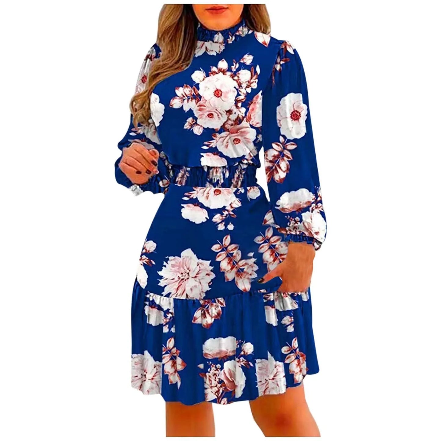 Floral Print Ruffle Turtleneck Maxi Dress