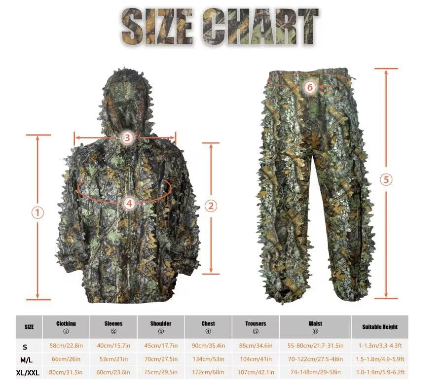 Breathable Camouflage Hunting Suit for Men & Women – Lightweight, Hooded, and Wild Leafy Design Ghillie Suit (6-in-1)