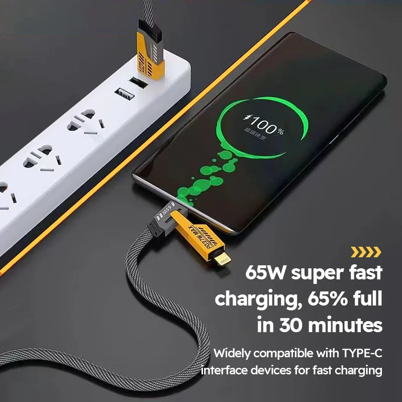 4-in-1 Fast Charging Cable USB A Type-C Dual Connector Lighting Nylon Braided PD 65W 27W for iPhone Android Xiaomi