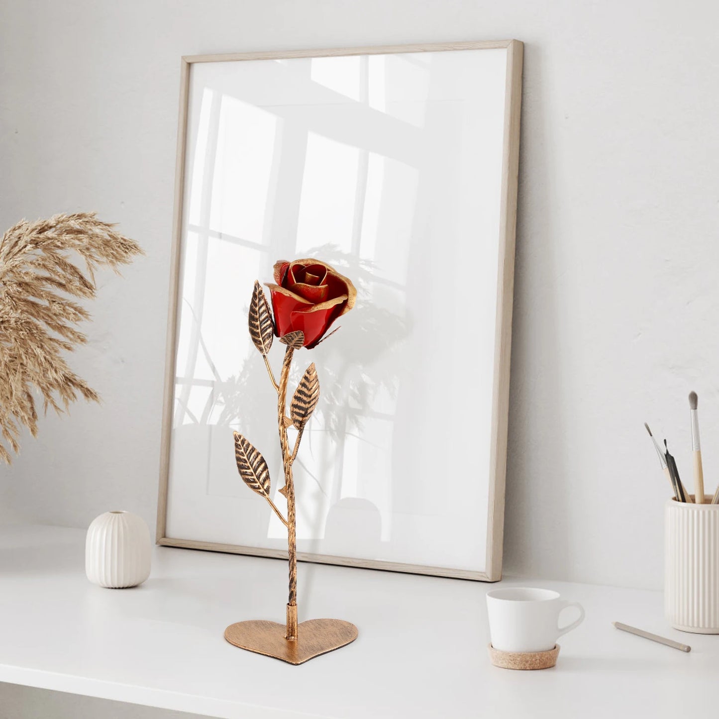 Hand-Forged Wrought Iron Red Metal Rose