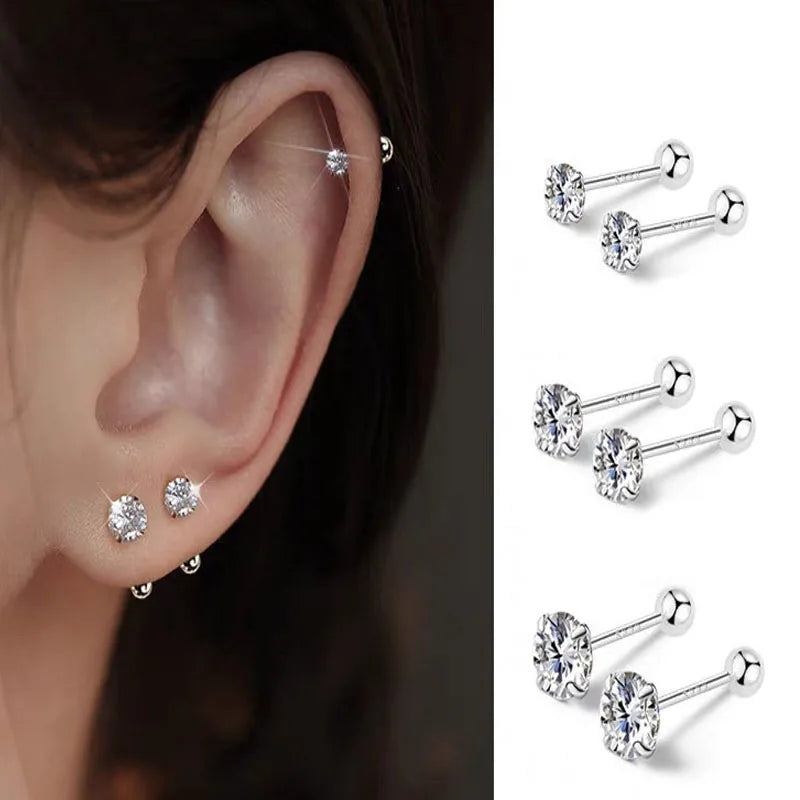 3 Pairs Classic Round Zirconia Stud Earrings for Women