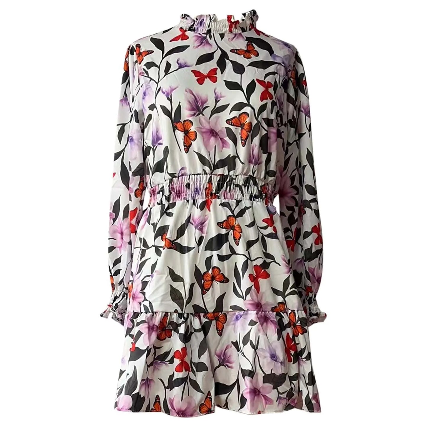 Floral Print Ruffle Turtleneck Maxi Dress