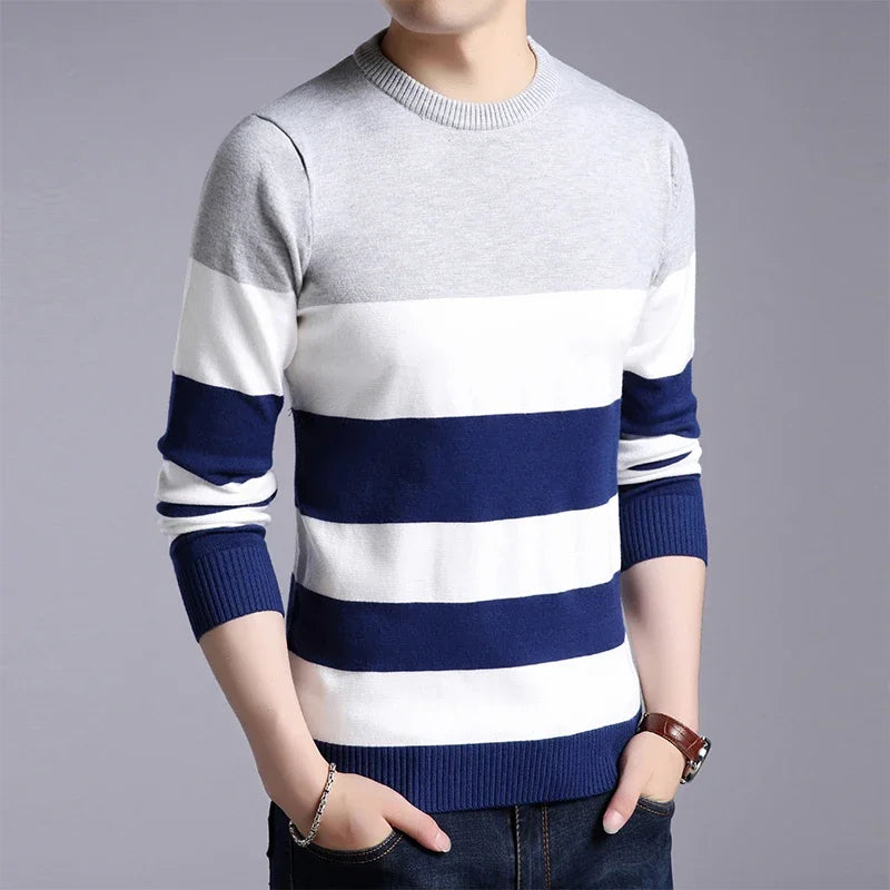New Men's Casual Striped Long-Sleeved Knitted Shirt