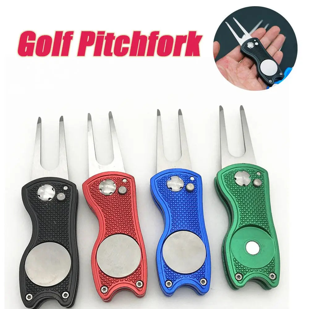 Stainless Steel Golf Divot Repair Switchblade Tool – Magnetic Pitchfork & Groove Cleaner for Greens Maintenance