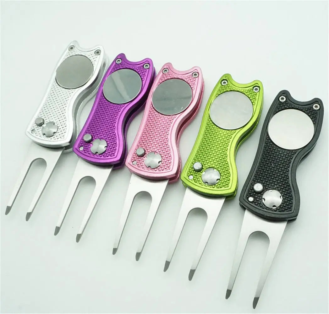 Stainless Steel Golf Divot Repair Switchblade Tool – Magnetic Pitchfork & Groove Cleaner for Greens Maintenance