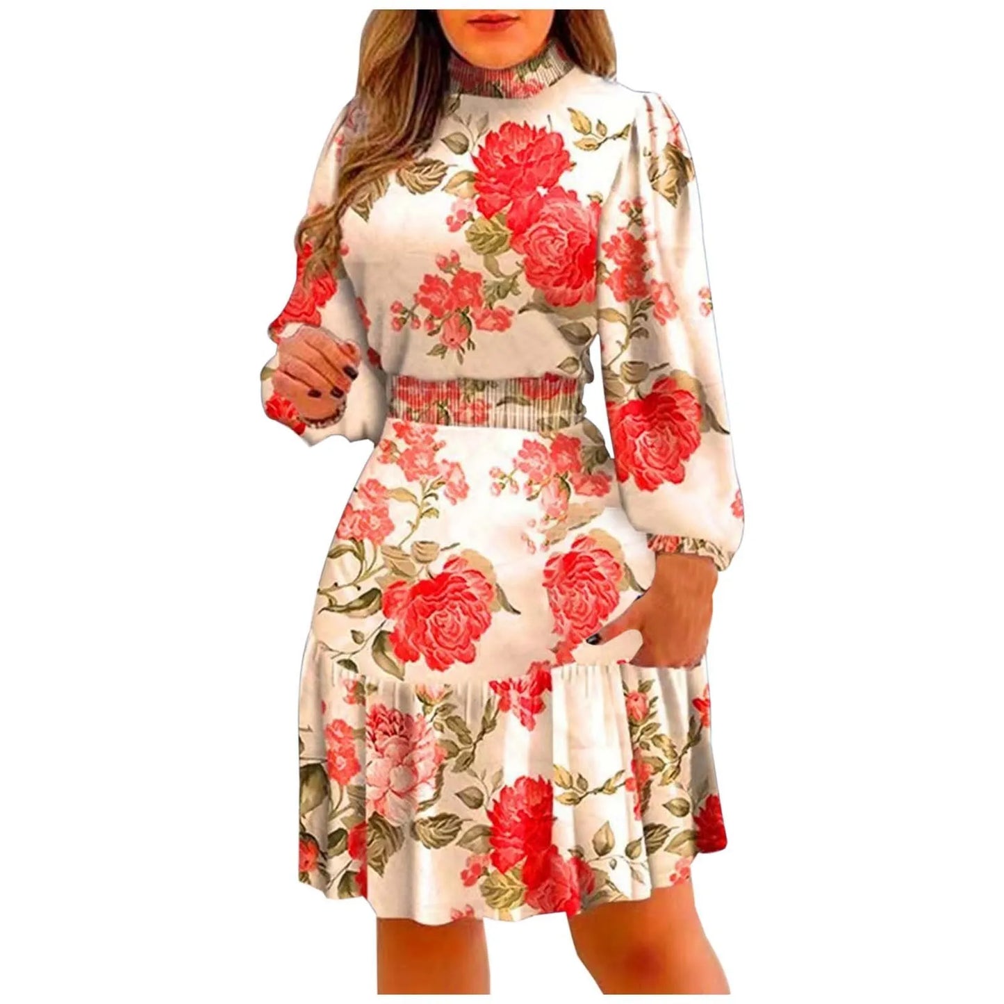 Floral Print Ruffle Turtleneck Maxi Dress
