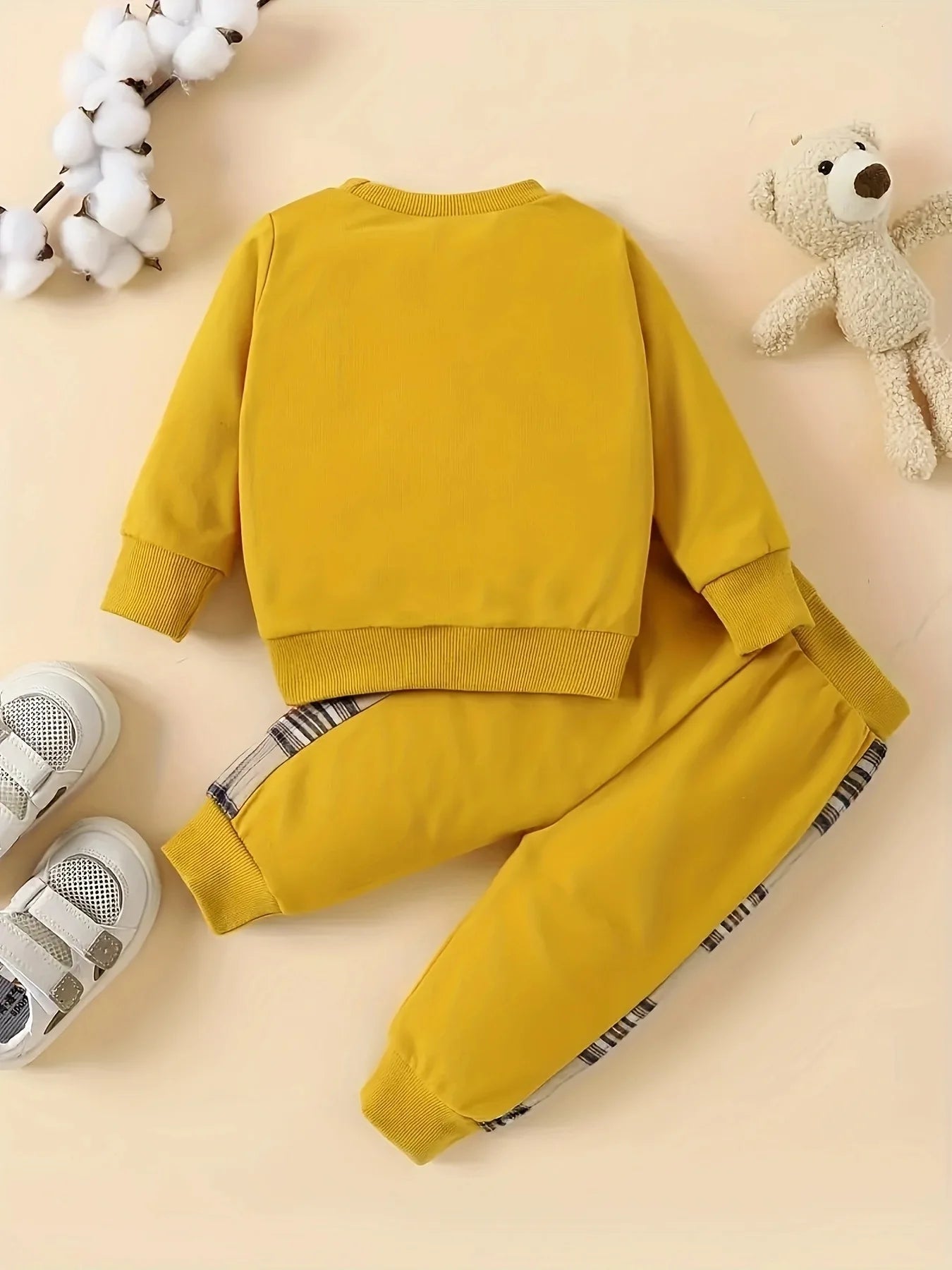 Plaid Teddy Bear Patch Embroided Long Sleeved Set Pullover