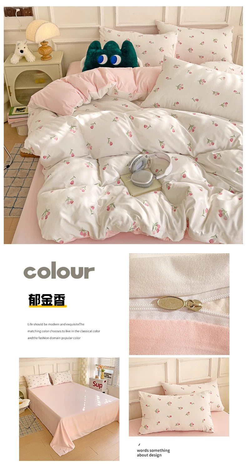 3-Piece Cartoon Heart-Shaped Floral Print Duvet Bedding Set