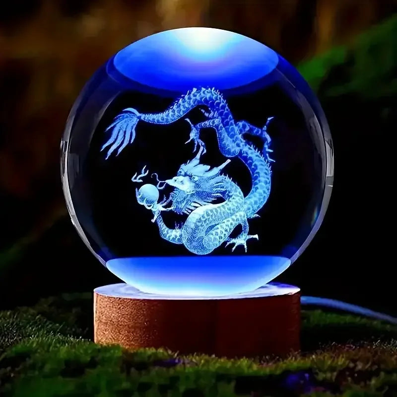 3D Carved Chinese Dragon Crystal Ball with Wooden Frame