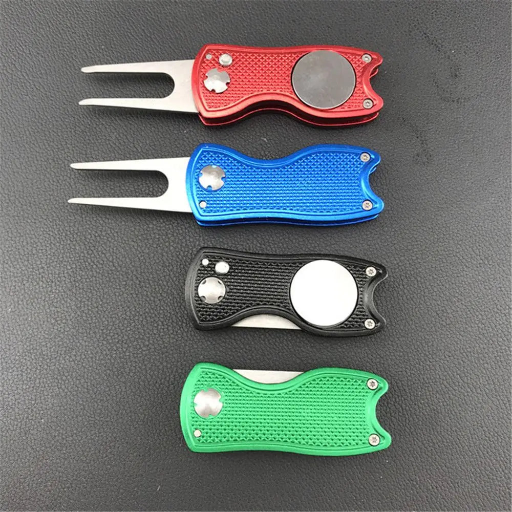 Stainless Steel Golf Divot Repair Switchblade Tool – Magnetic Pitchfork & Groove Cleaner for Greens Maintenance