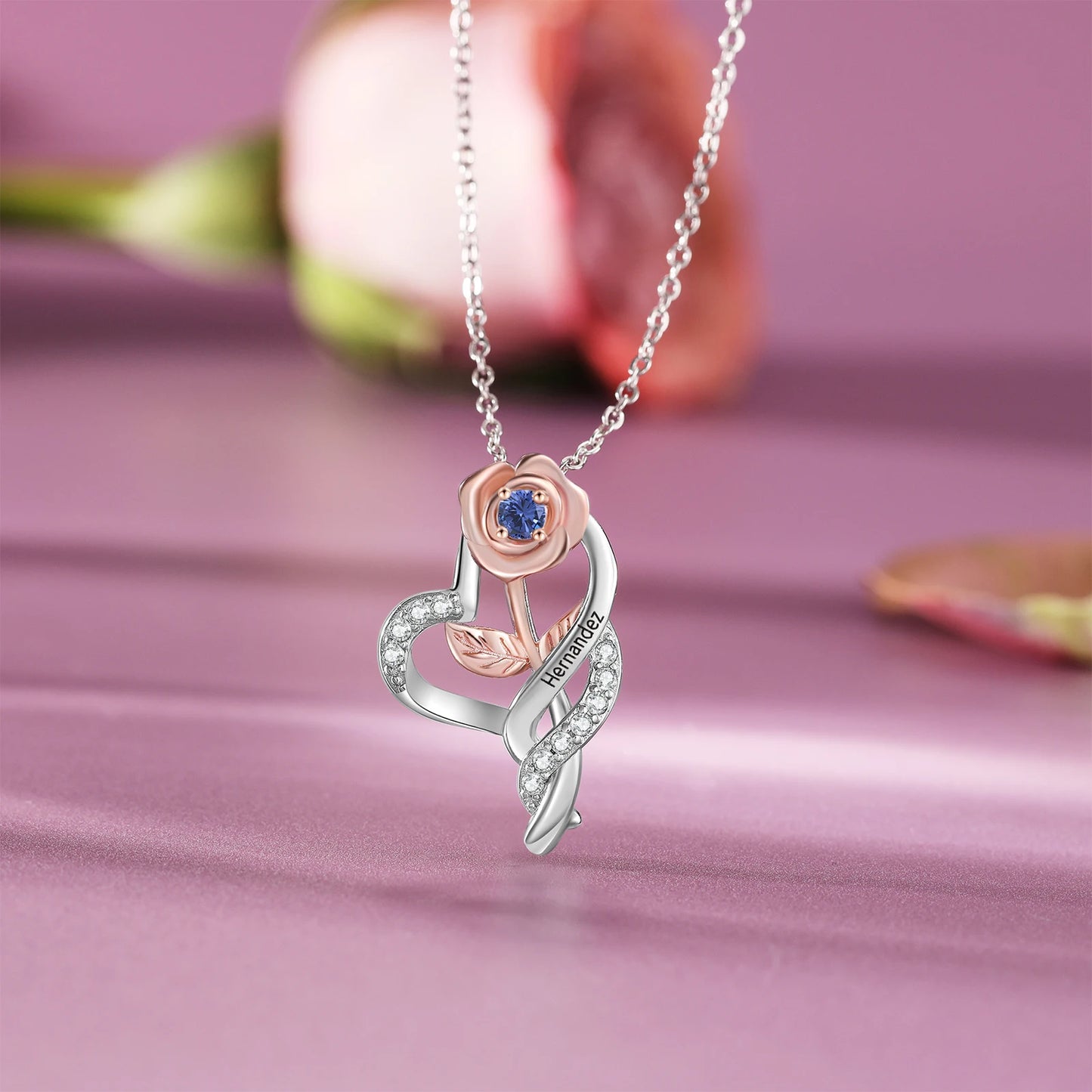 Personalized Rose Flower Pendant with Birthstone