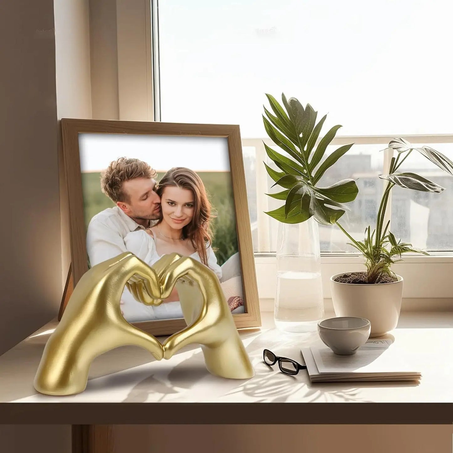 Gold Heart Hands Statue Decor