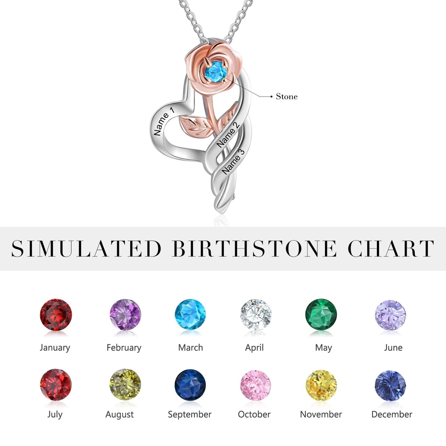 Personalized Rose Flower Pendant with Birthstone