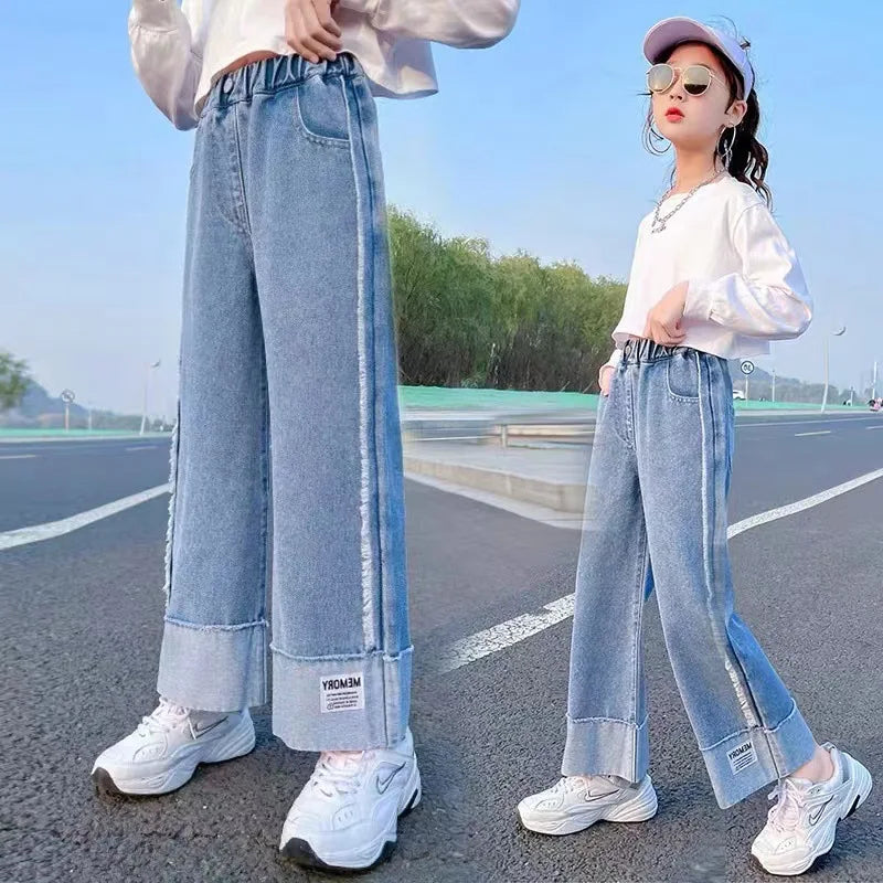 Girls Denim Wide-Leg Pants