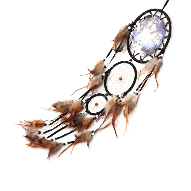 Wolf Dream Catcher with Brown Feathers and Beads