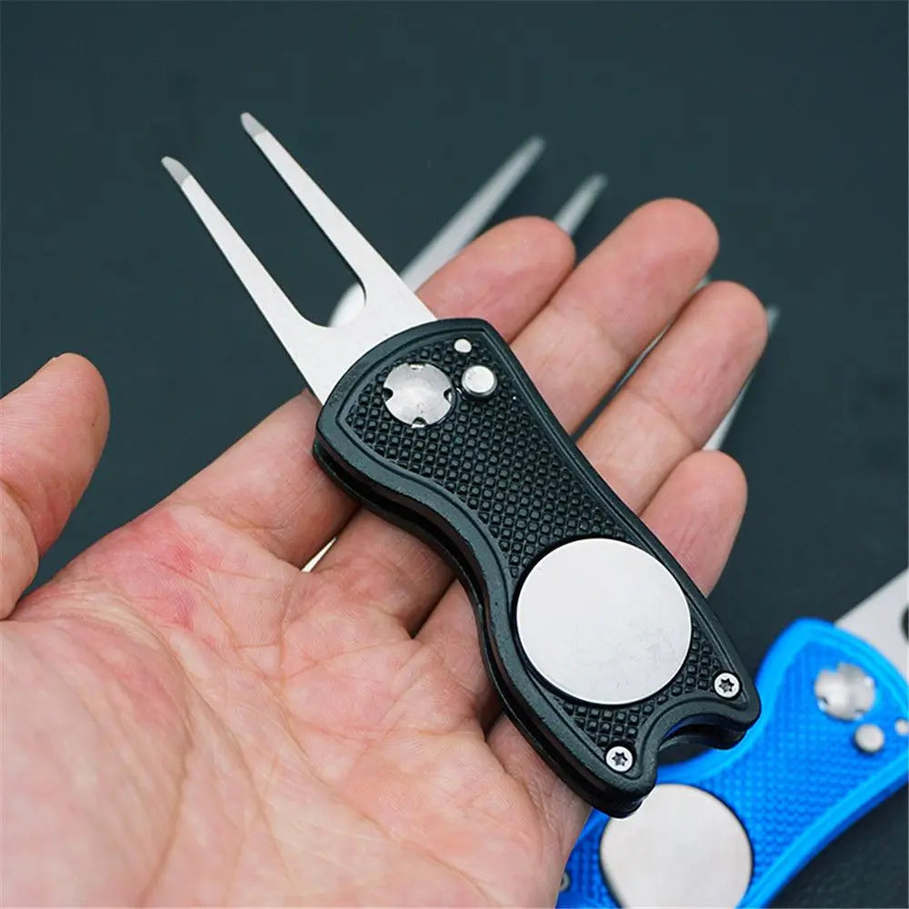 Stainless Steel Golf Divot Repair Switchblade Tool – Magnetic Pitchfork & Groove Cleaner for Greens Maintenance