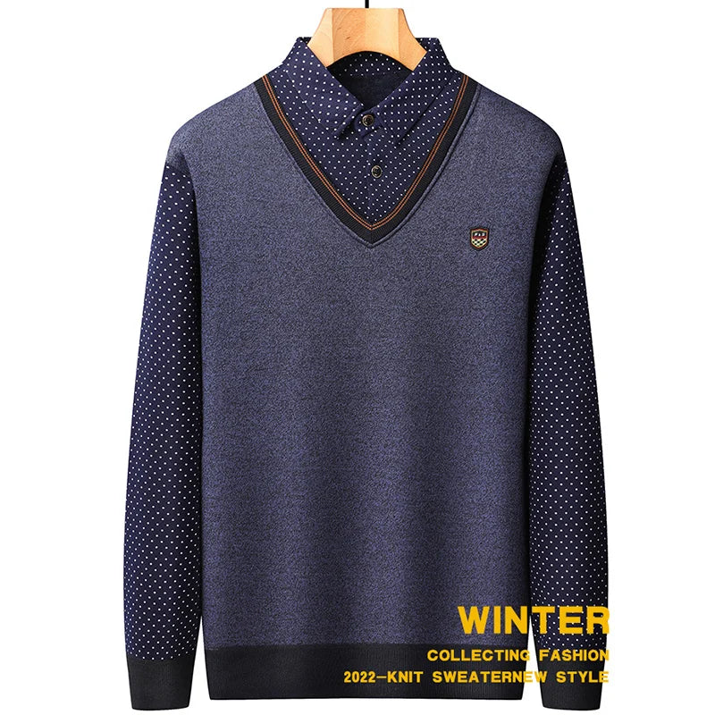 Men’s Plush Knitted Fake Two-Piece Sweater