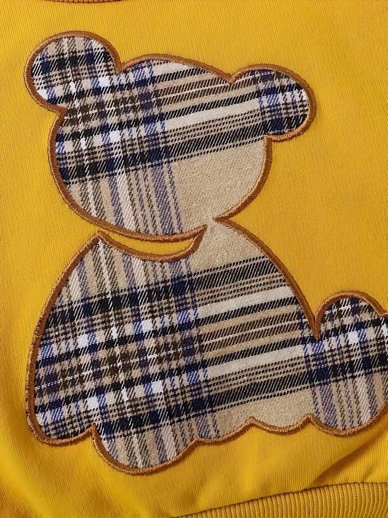 Plaid Teddy Bear Patch Embroided Long Sleeved Set Pullover