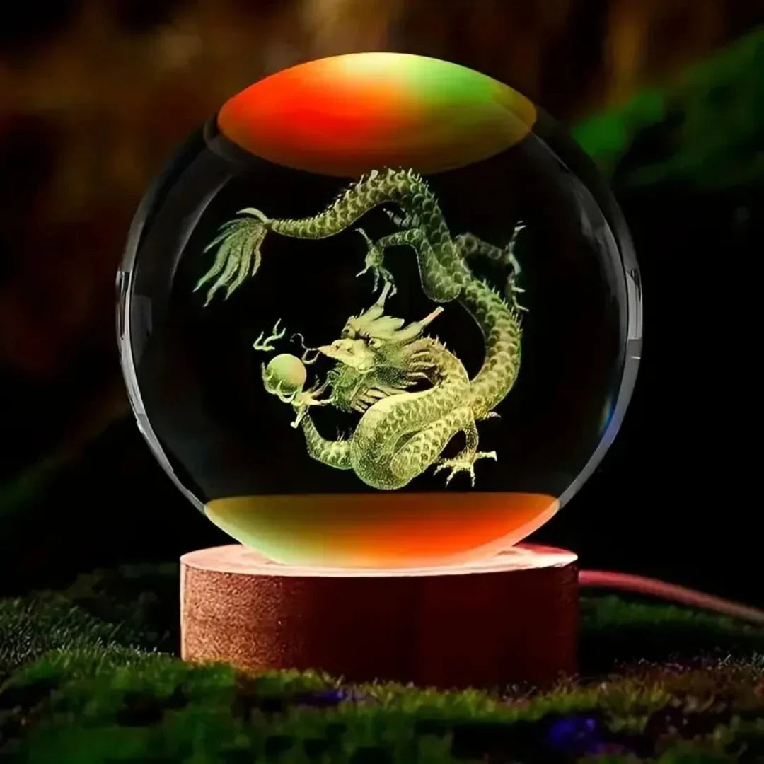 3D Carved Chinese Dragon Crystal Ball with Wooden Frame