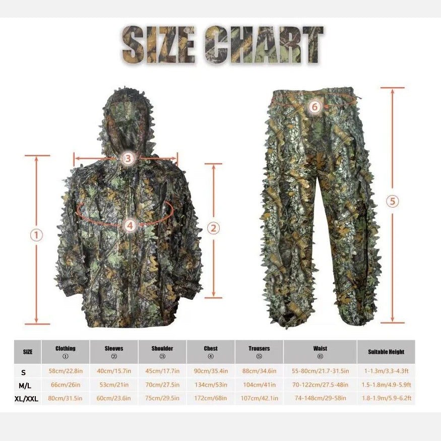 Breathable Camouflage Hunting Suit for Men & Women – Lightweight, Hooded, and Wild Leafy Design Ghillie Suit (6-in-1)