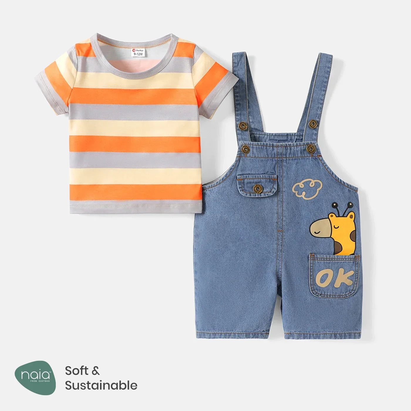 PatPat 2pcs Baby Giraffe Denim Overall Shorts