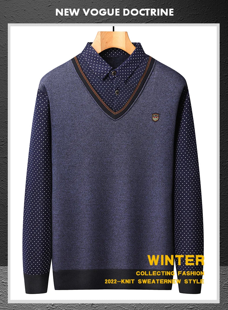 Men’s Plush Knitted Fake Two-Piece Sweater