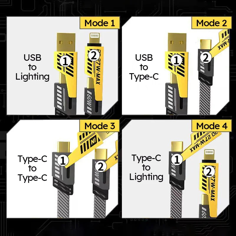 4-in-1 Fast Charging Cable USB A Type-C Dual Connector Lighting Nylon Braided PD 65W 27W for iPhone Android Xiaomi