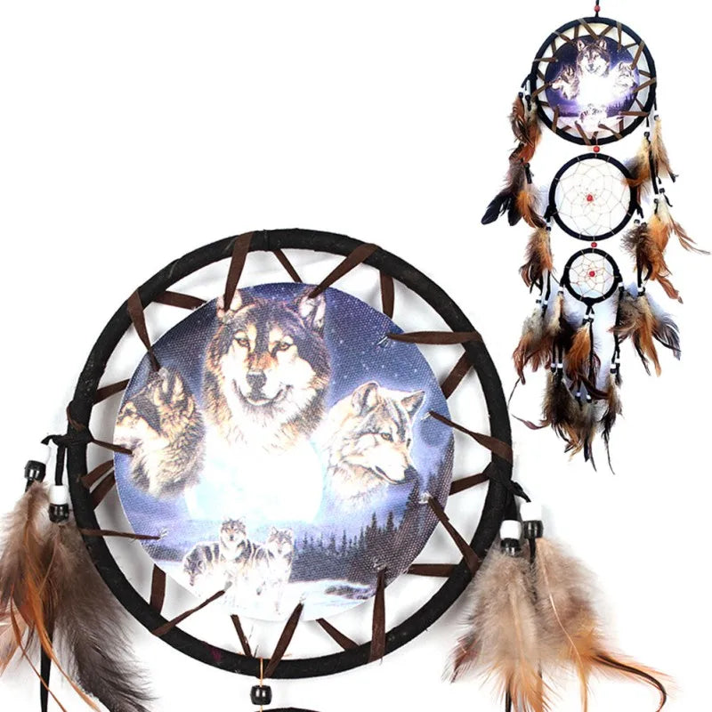 Wolf Dream Catcher with Brown Feathers and Beads
