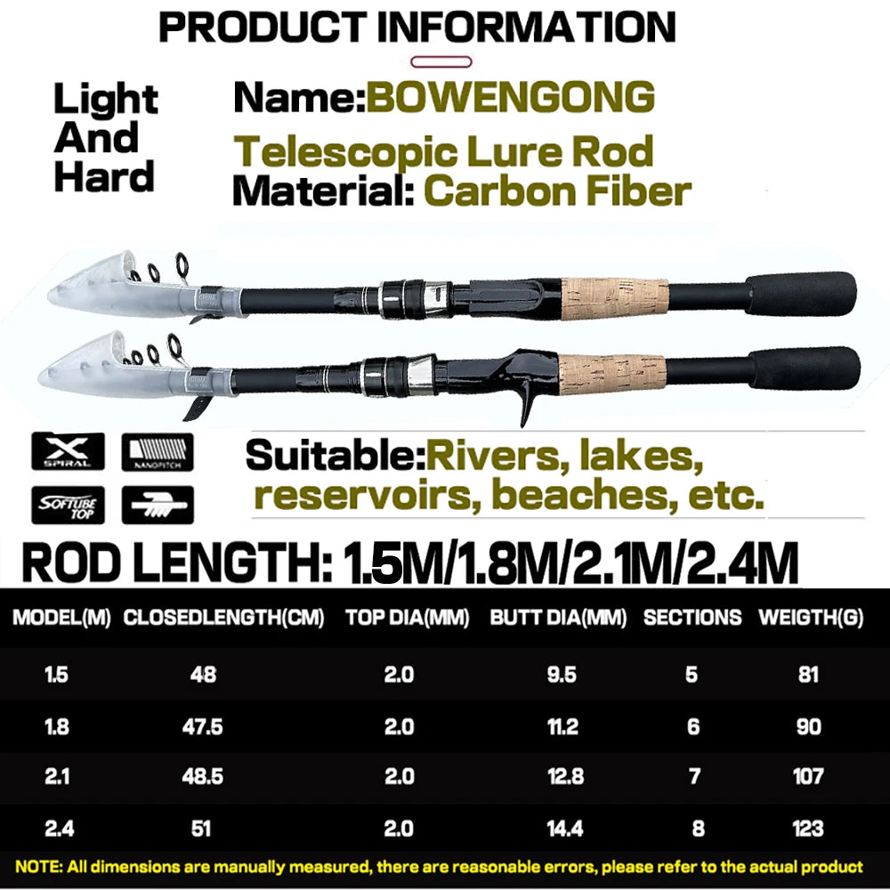 Baitcasting Lure Fishing Rod – Lightweight Telescopic Design with Wooden Handle
