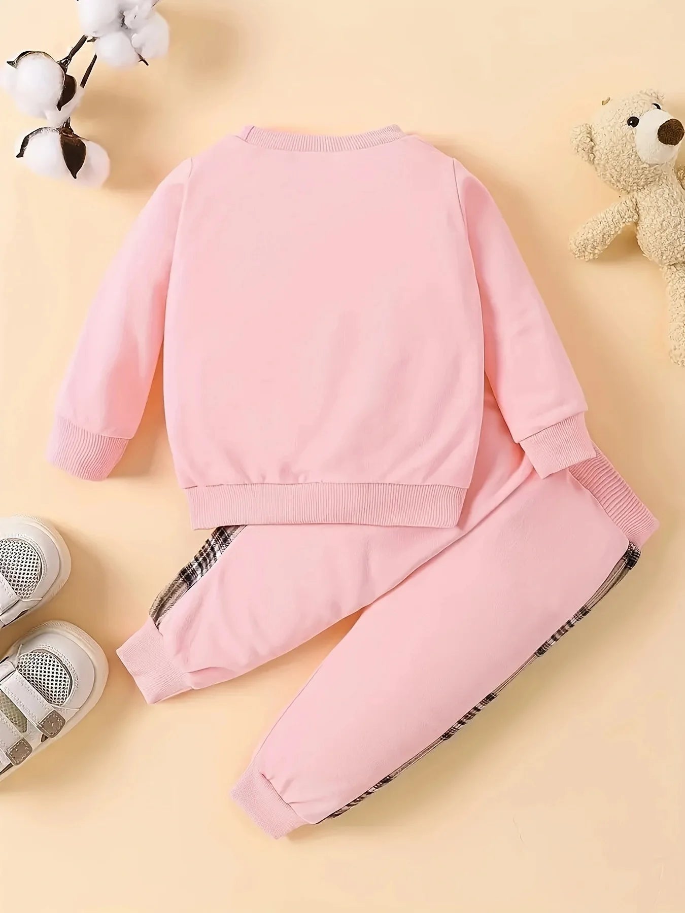 Plaid Teddy Bear Patch Embroided Long Sleeved Set Pullover