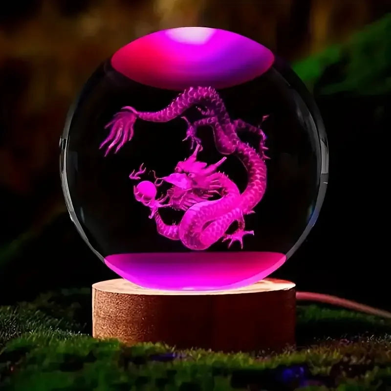 3D Carved Chinese Dragon Crystal Ball with Wooden Frame