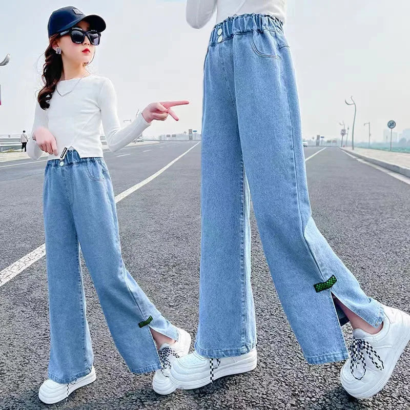 Girls Denim Wide-Leg Pants