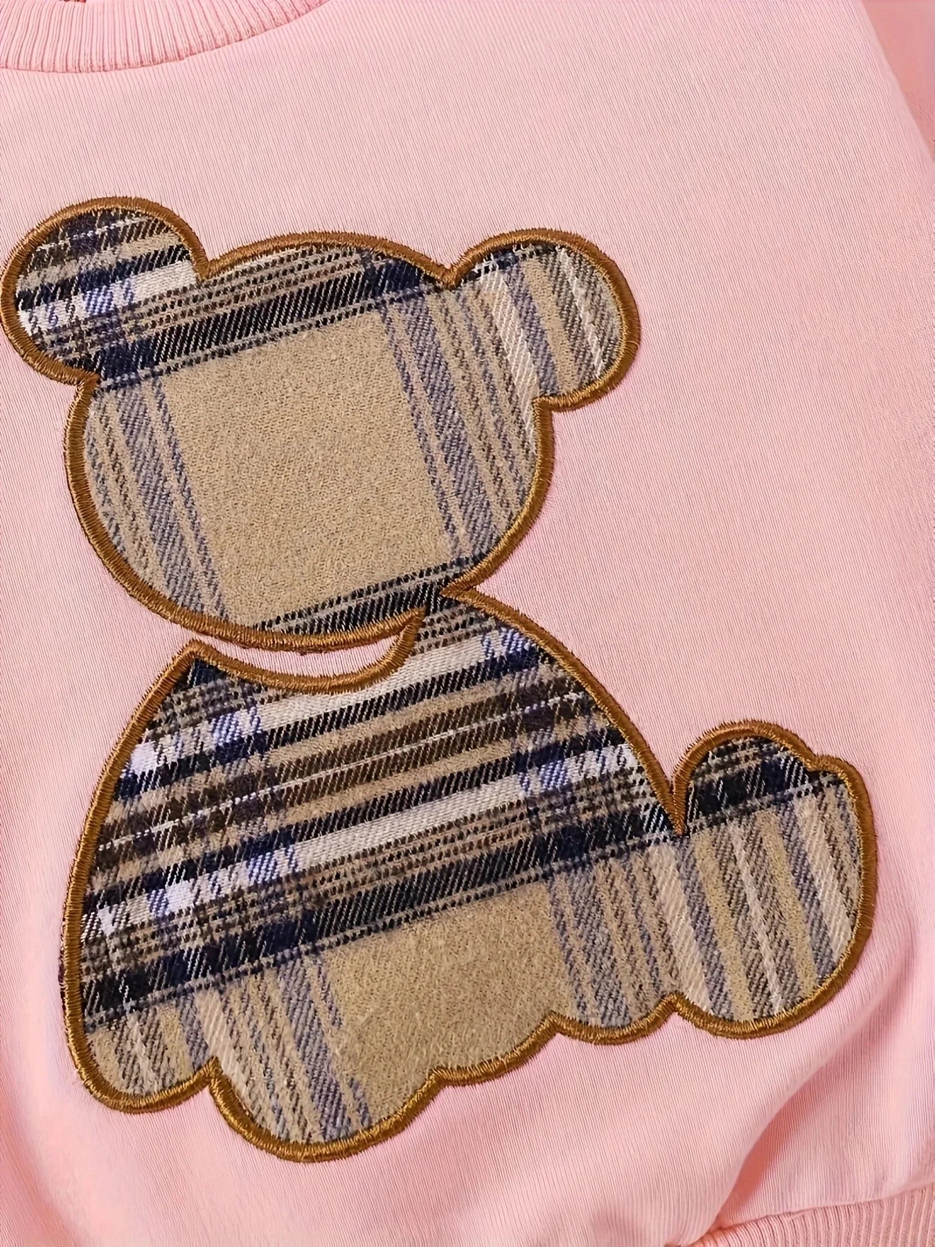 Plaid Teddy Bear Patch Embroided Long Sleeved Set Pullover