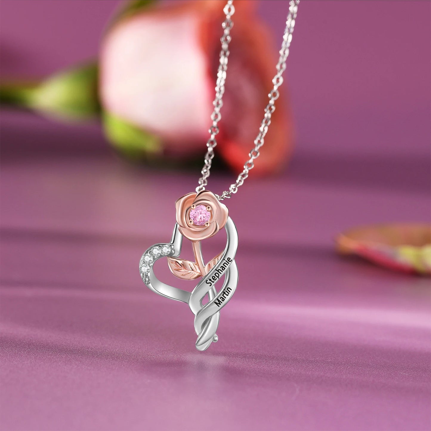 Personalized Rose Flower Pendant with Birthstone