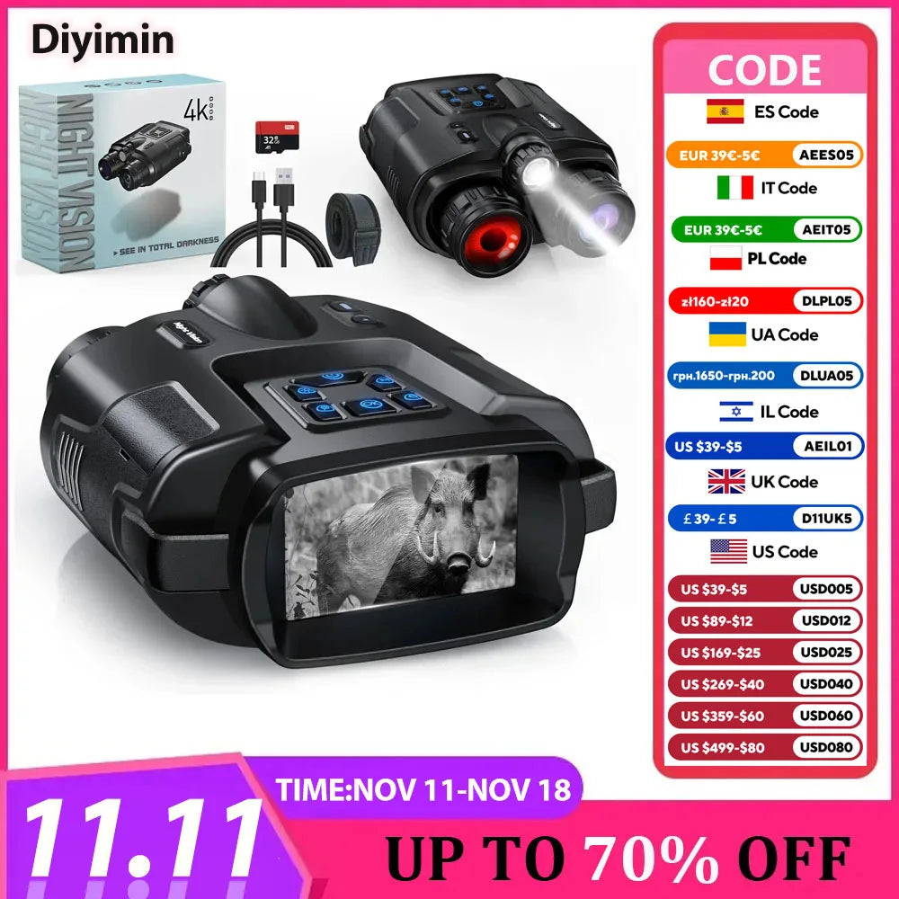 4K Infrared Night Vision Binoculars – 8X Digital Zoom with 600m Range for Hunting & Surveillance