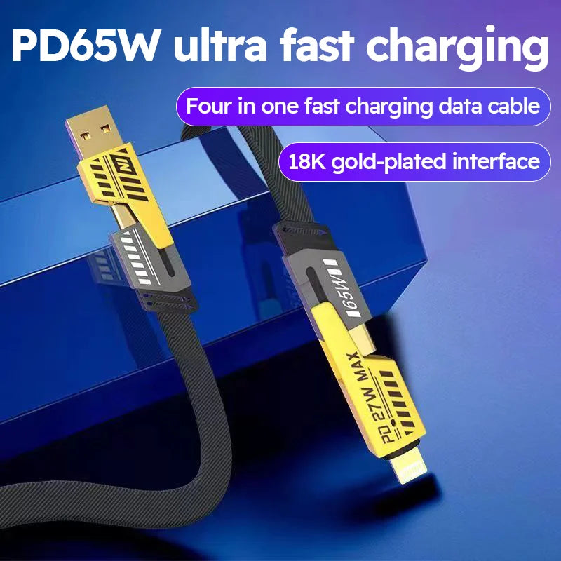 4-in-1 Fast Charging Cable USB A Type-C Dual Connector Lighting Nylon Braided PD 65W 27W for iPhone Android Xiaomi