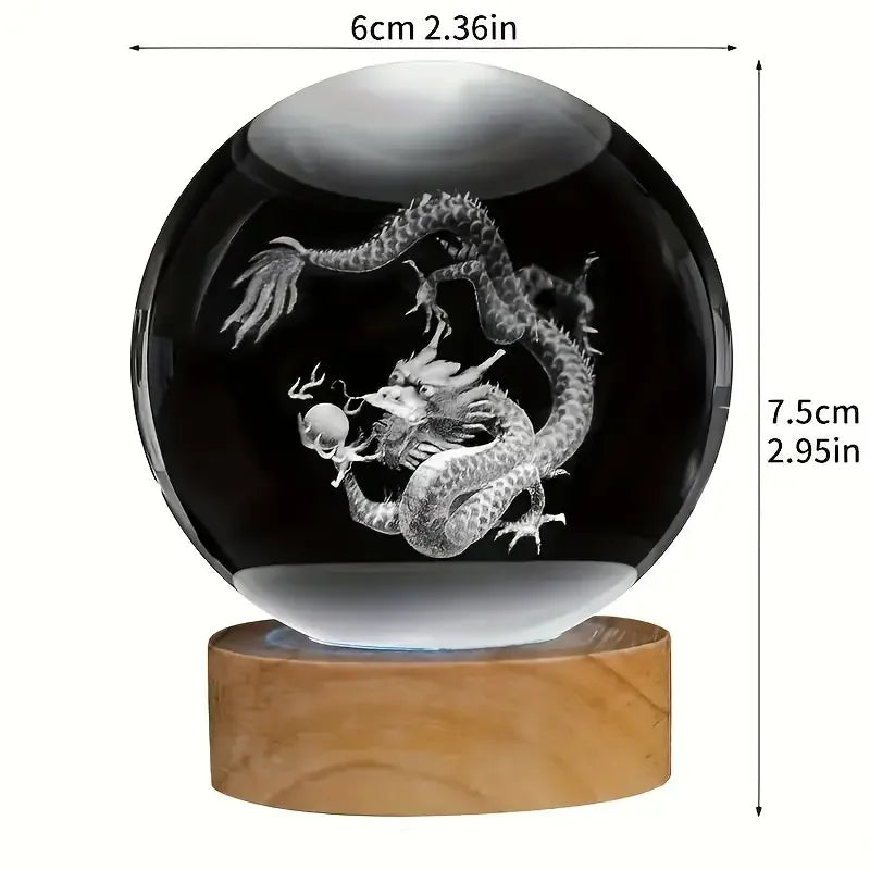 3D Carved Chinese Dragon Crystal Ball with Wooden Frame