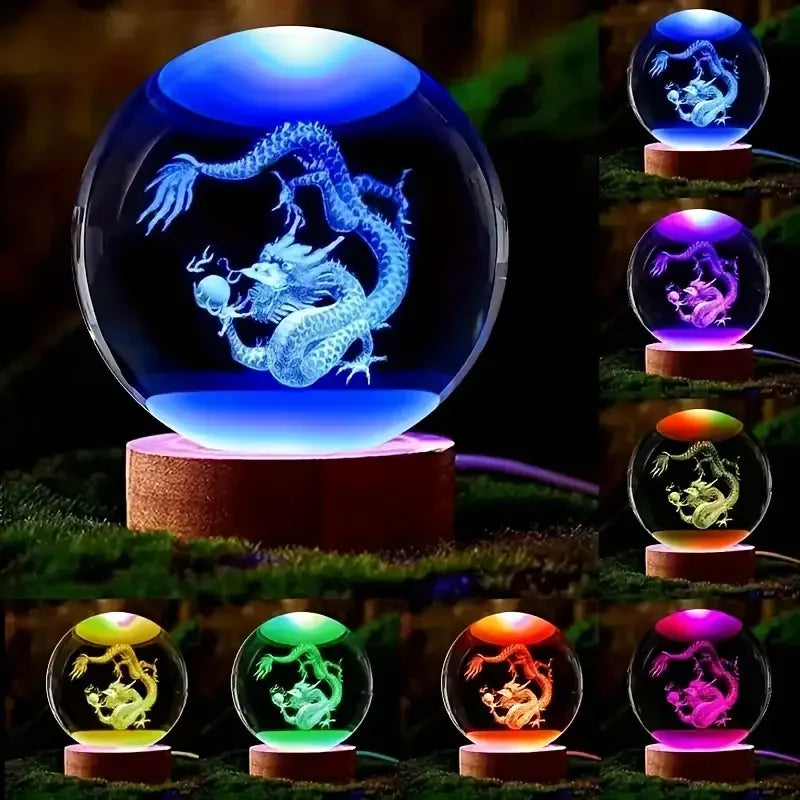 3D Carved Chinese Dragon Crystal Ball with Wooden Frame