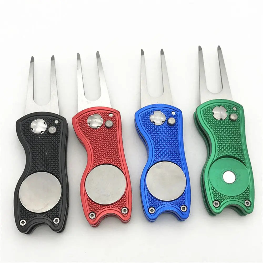 Stainless Steel Golf Divot Repair Switchblade Tool – Magnetic Pitchfork & Groove Cleaner for Greens Maintenance