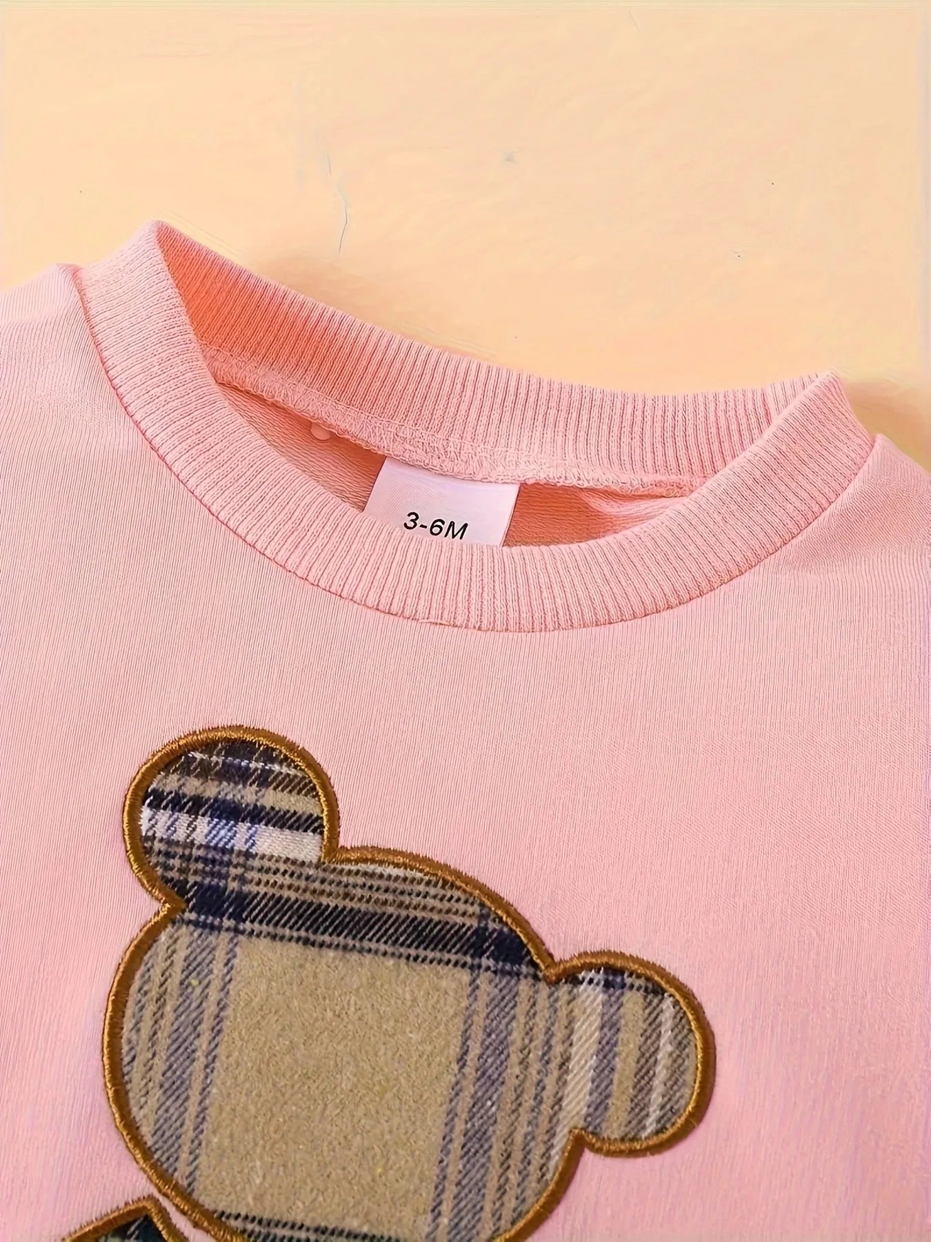 Plaid Teddy Bear Patch Embroided Long Sleeved Set Pullover
