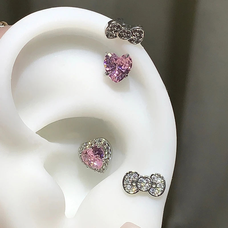 Cute Bowknot Love Heart 316L Stainless Steel Annular Ear Bone Nail Earring