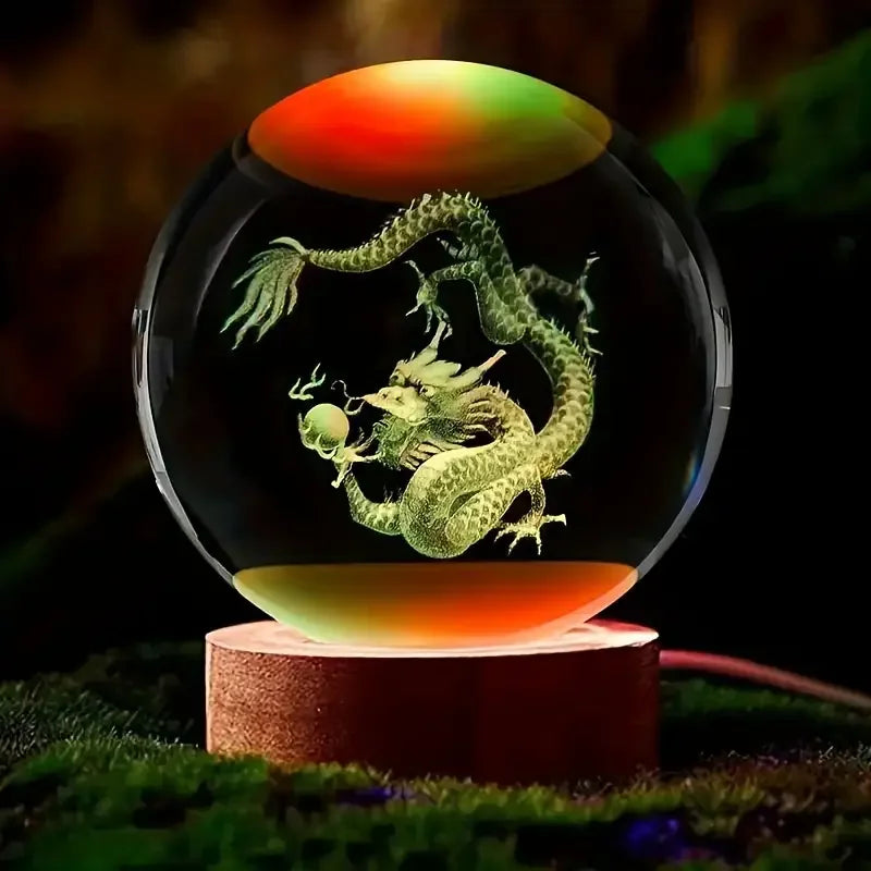 3D Carved Chinese Dragon Crystal Ball with Wooden Frame