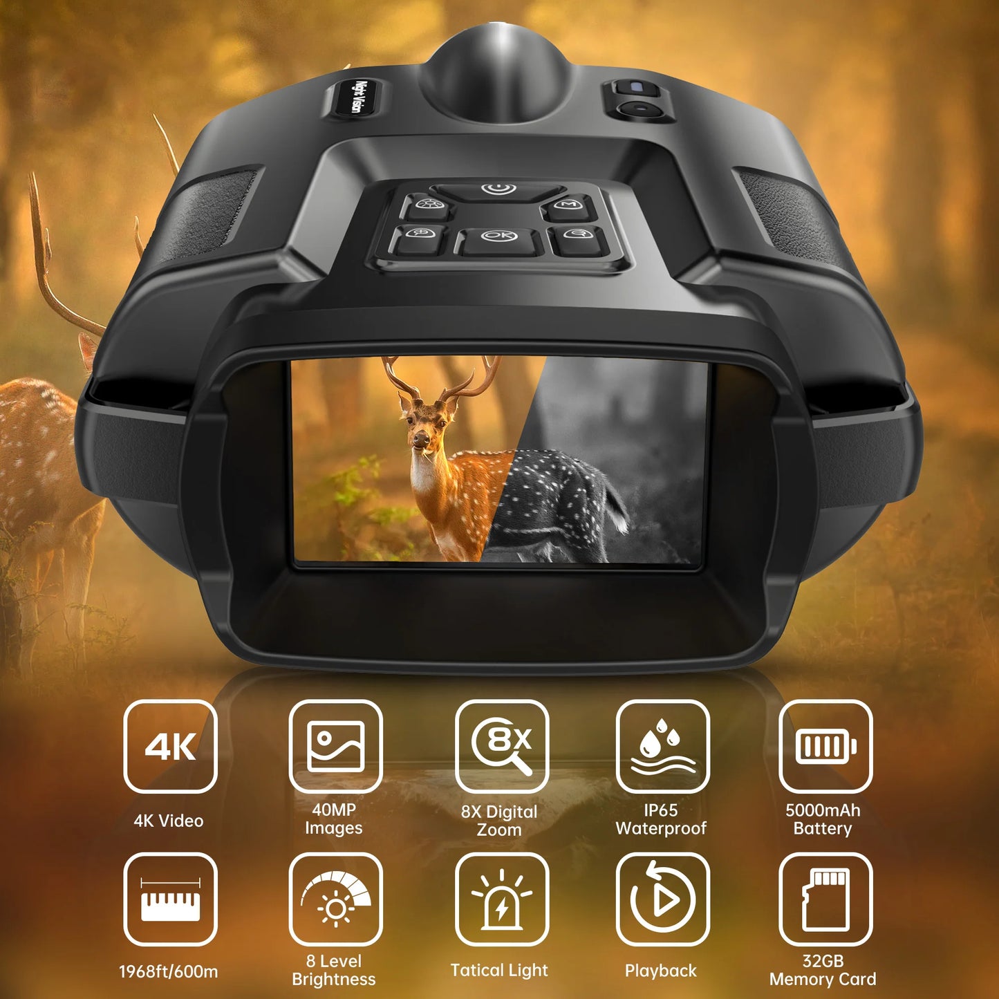 4K Infrared Night Vision Binoculars – 8X Digital Zoom with 600m Range for Hunting & Surveillance