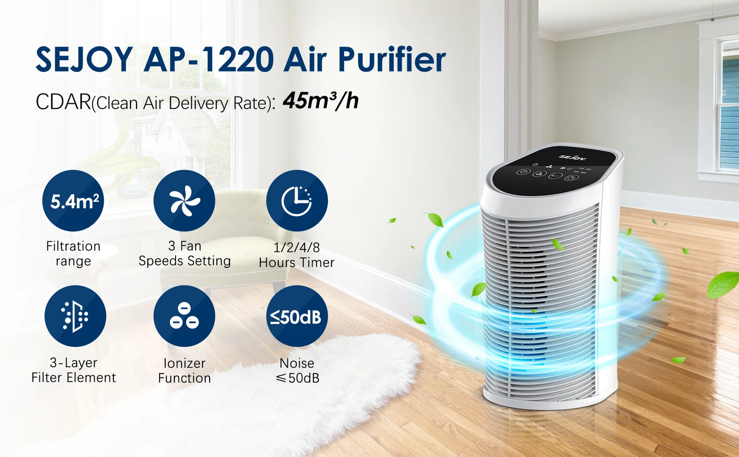 Sejoy Air Purifier with HEPA Filter and Ionizer