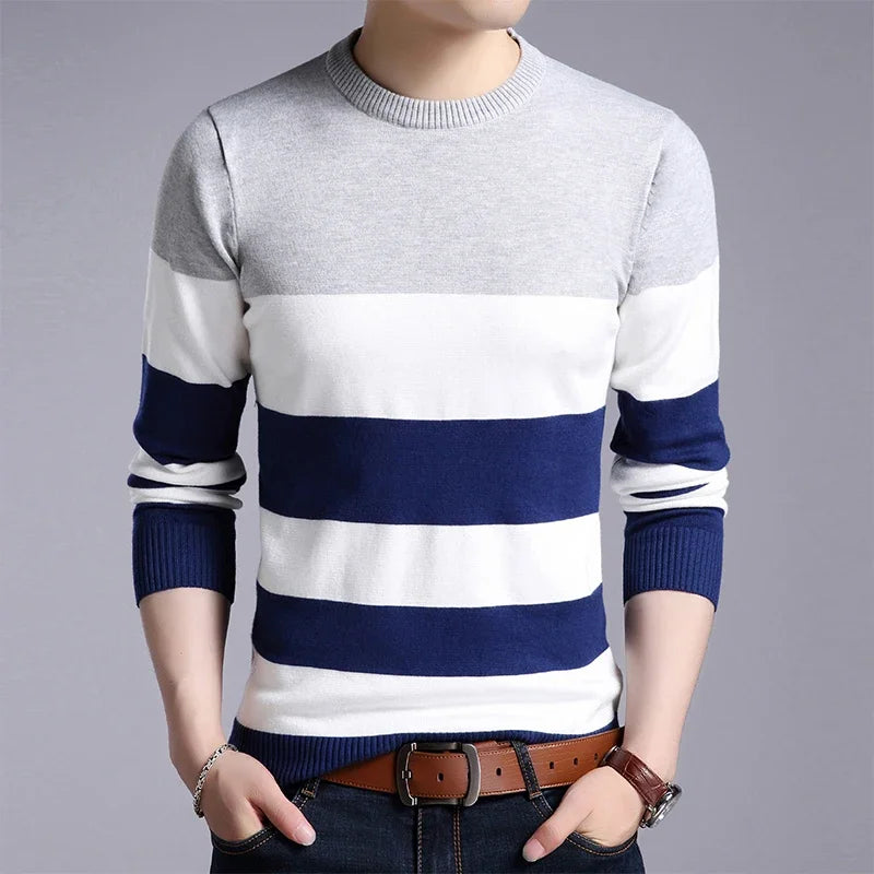 New Men's Casual Striped Long-Sleeved Knitted Shirt