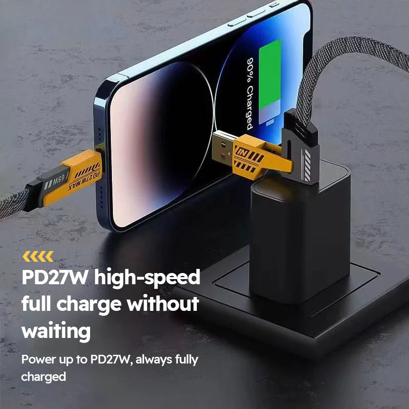 4-in-1 Fast Charging Cable USB A Type-C Dual Connector Lighting Nylon Braided PD 65W 27W for iPhone Android Xiaomi