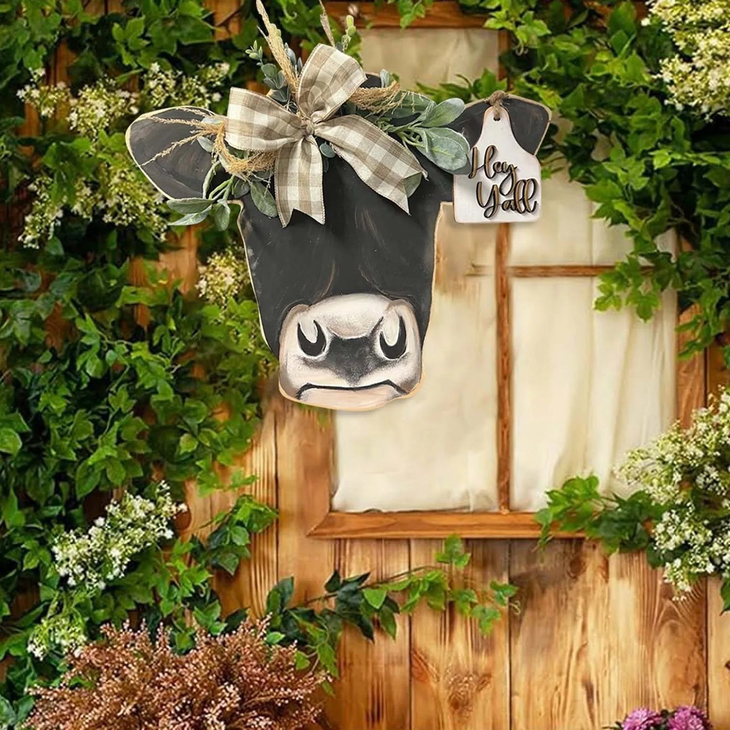 Welcome Farmhouse Cow Head Door Wreath Sign