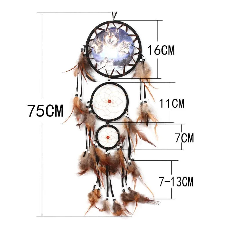 Wolf Dream Catcher with Brown Feathers and Beads
