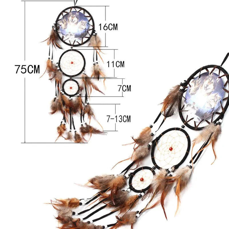 Wolf Dream Catcher with Brown Feathers and Beads