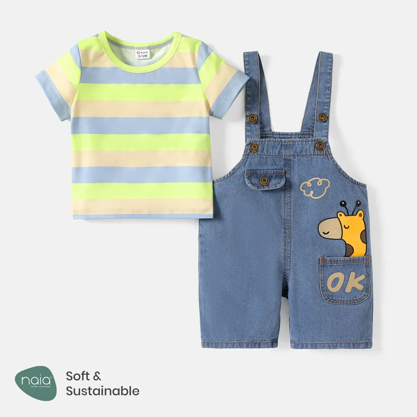 PatPat 2pcs Baby Giraffe Denim Overall Shorts